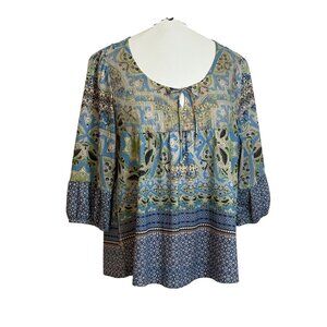 Emerge Womens Medium Boho Paisley Patterned Tunic Top 3/4 Sleeves Polyester/Span